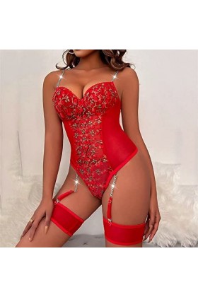 Zshosam Lingerie sexy pour femme - Sous-vêtements sexy en dentelle - Maille florale - Avec jarretière - Avec anneau de jambe,