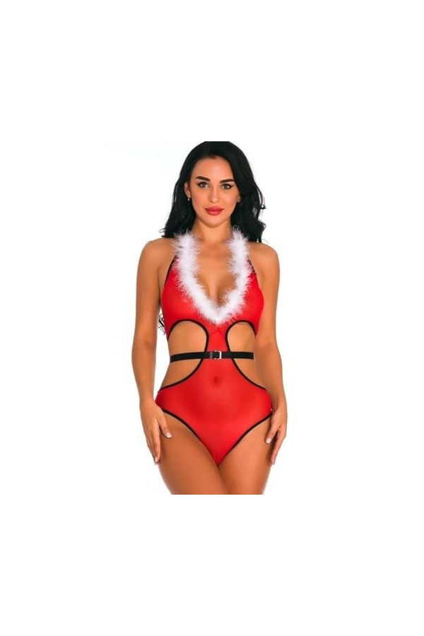 SMBHIAON Lingerie De Noël Sexy pour Femme – Couleur Unie, Dos Nu, Dos Nu, Jupe De Nuit Érotique, Créativité, Col en V Profond