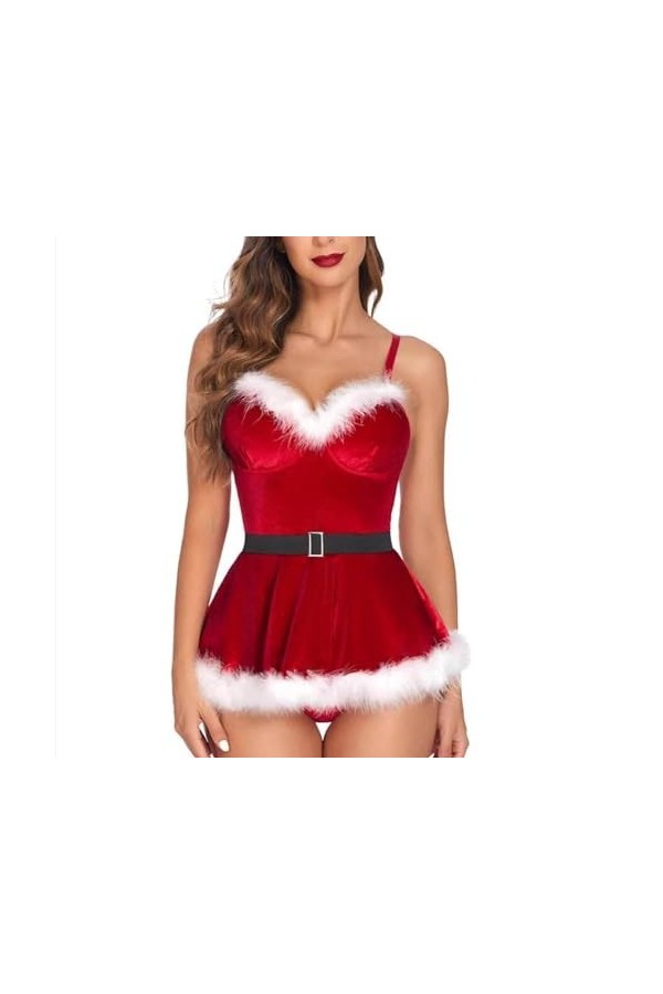 SMBHIAON Ensemble De Lingerie De Noël Rouge pour Femme – Costume De Noël Sexy avec Bord en Peluche, Couleur Unie, Bretelles R