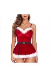 SMBHIAON Ensemble De Lingerie De Noël Rouge pour Femme – Costume De Noël Sexy avec Bord en Peluche, Couleur Unie, Bretelles R