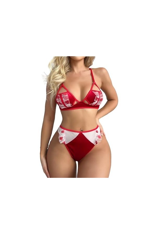 Lingerie Sexy pour Femmes - Dentelle À Motif De Lèvres Rouges Bandoulière Réglable Tenues Érotiques De Noël Minces, Ensemble 