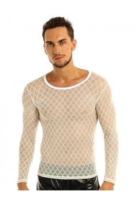 WSZJLN Hommes à Lacets Maille à Manches Longues T-Shirt Hommes Sexy Tenue de Club Costumes sous-vêtements résille Hauts-Blanc
