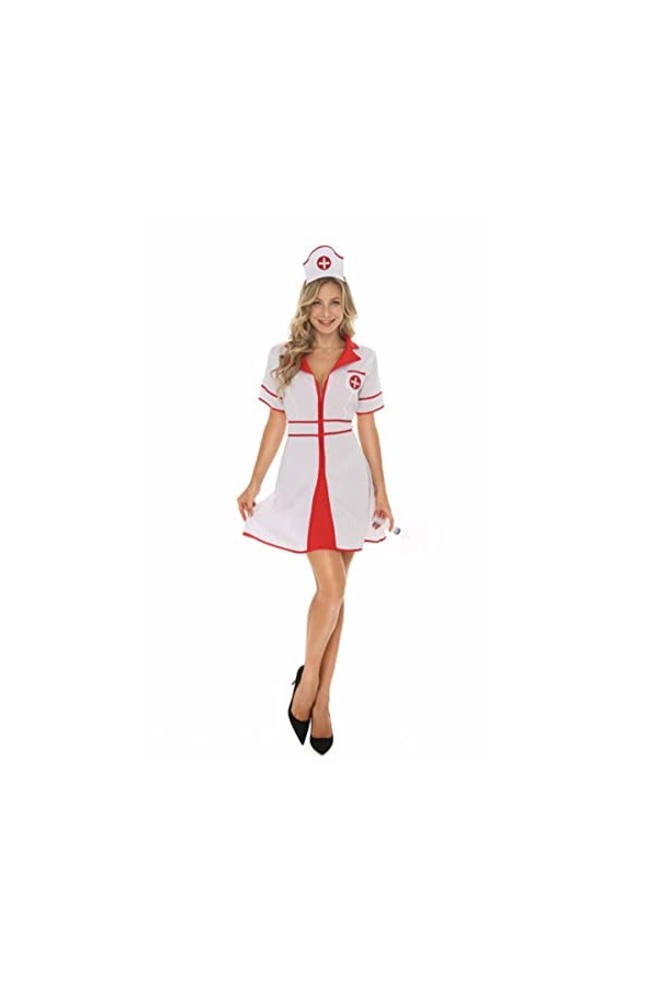 WEITING Cosplay Infirmière Costume Femme Sexy Coquine Érotique Col V Robe avec Couvre-chef Halloween Cosplay Costume-Blanc-XL