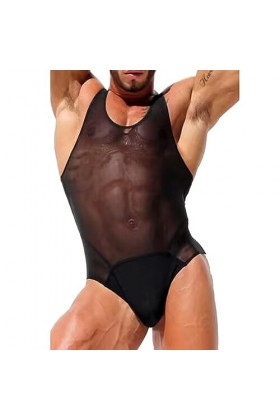 Combinaison Sexy pour Hommes Leotard Bodysuit Slip Maille Transparente Maillot De Corps Une Pièce Sous-Vêtements Lingerie Col