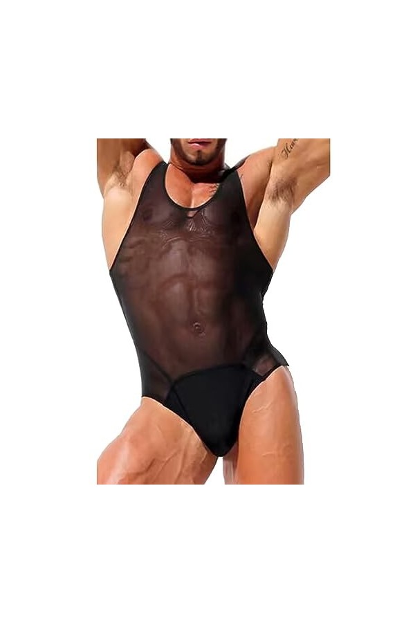 Combinaison Sexy pour Hommes Leotard Bodysuit Slip Maille Transparente Maillot De Corps Une Pièce Sous-Vêtements Lingerie Col
