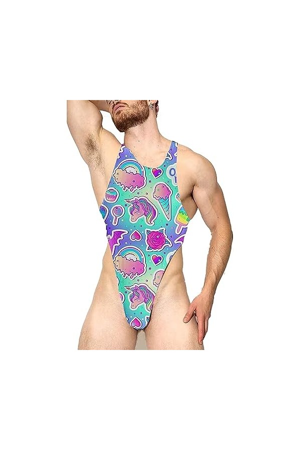 HYQPAI Body de Compression pour Homme Singlet Body Maillot de Corps Sous-Vêtement Coupe Haute String Leotard Bodysuit Imprimé