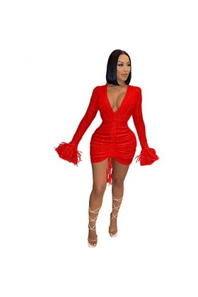 Robe Droite Fluide V Manches à Plumes discothèque Paillettes fête Sexy Une Robe de Ligne Robe Dentelle Rouge Red, XXL 