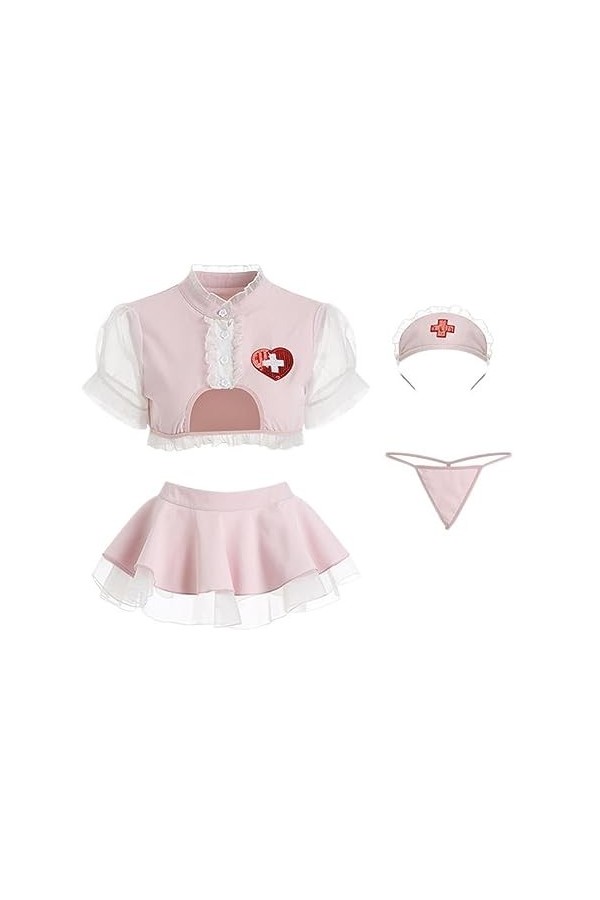 Sexy Pink Lingerie Open The Chest Doctors Sister Costumes de jeu de rôle Infirmière Uniforme Sweet Top Mini Jupe Ensemble de