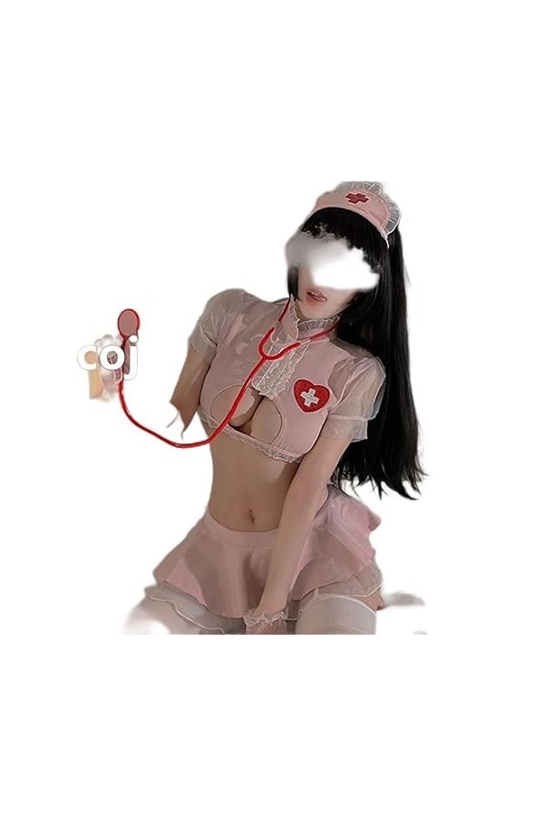 Sexy Pink Lingerie Open The Chest Doctors Sister Costumes de jeu de rôle Infirmière Uniforme Sweet Top Mini Jupe Ensemble de