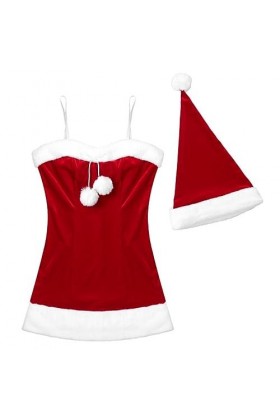 SHANHE Femmes Femmes Sexy Parties Velours Blanc Flanelle Garniture Mini Robe avec Chapeau Beauté Père Noël Déguisement Costum