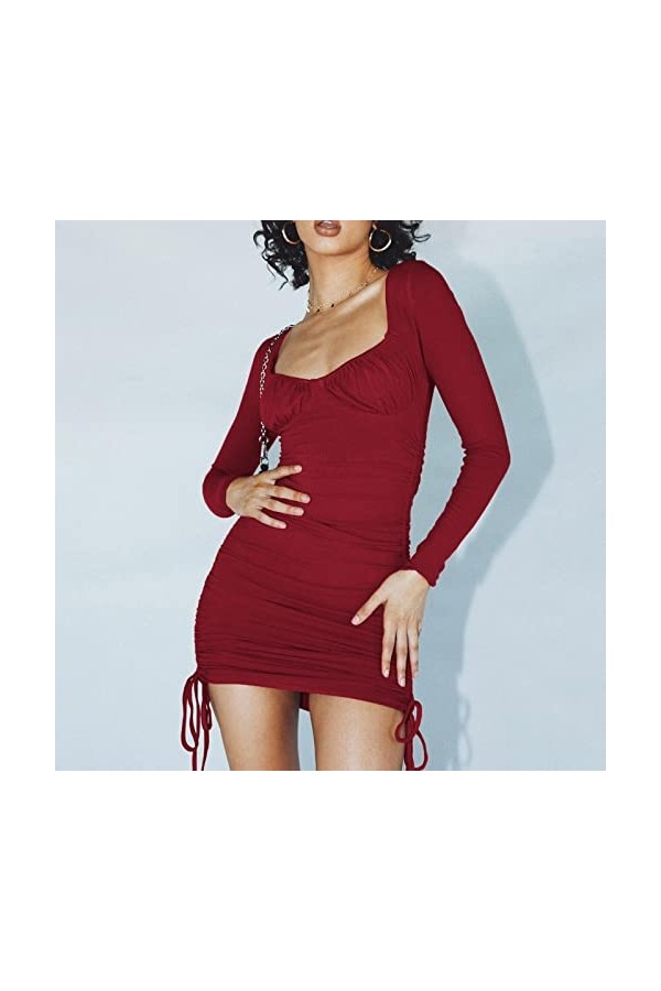 NHNKB Mini robe sexy à manches longues et col en V pour femme - Grande taille, rouge, XL