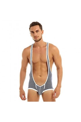 CABULE Mens Sexy Lingerie Bodystocking Wrestling Bretelles Singlet Jockstraps Bulge Pouch Boxer Underwear Body-Gris A,M