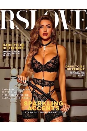 RSLOVE Lingerie Sexy avec Porte-jaretelle Ensemble Lingerie Femme 3 Pièces avec Collier Noir S