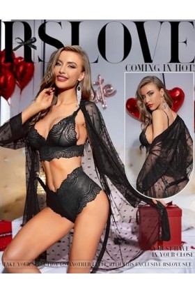 RSLOVE Ensemble de Lingerie Féminine Sexy Robe Kimono en Dentelle 3 Pièces avec Soutien-Gorge et Culotte Ensemble de Vêtement