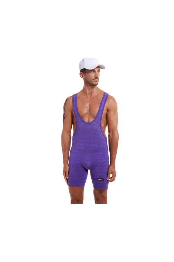 OLIns Hommes Lutte Singlet Justaucorps Combinaisons Jarretelles Bodywear Nounours érotiques sous-vêtements Color:Purple,Size