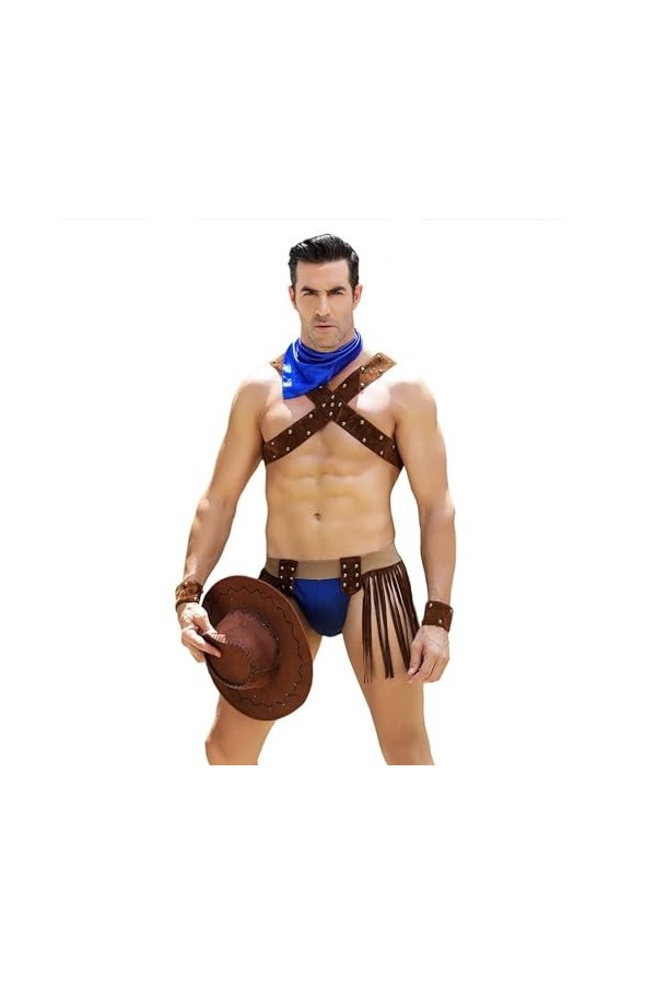 WRAZA Costumes Érotiques pour Hommes Costume de Cowboy Occidental pour Hommes Adultes Tenue de Jeu Rôle Déguisement de Bandit