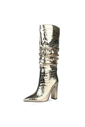 WOkismD 11 CM/4.33IN Femmes Genou-Haute Bottes Bout Pointu Casual Épais Hauts Talons Longue Sexy Robe Automne Chaussures,Dor