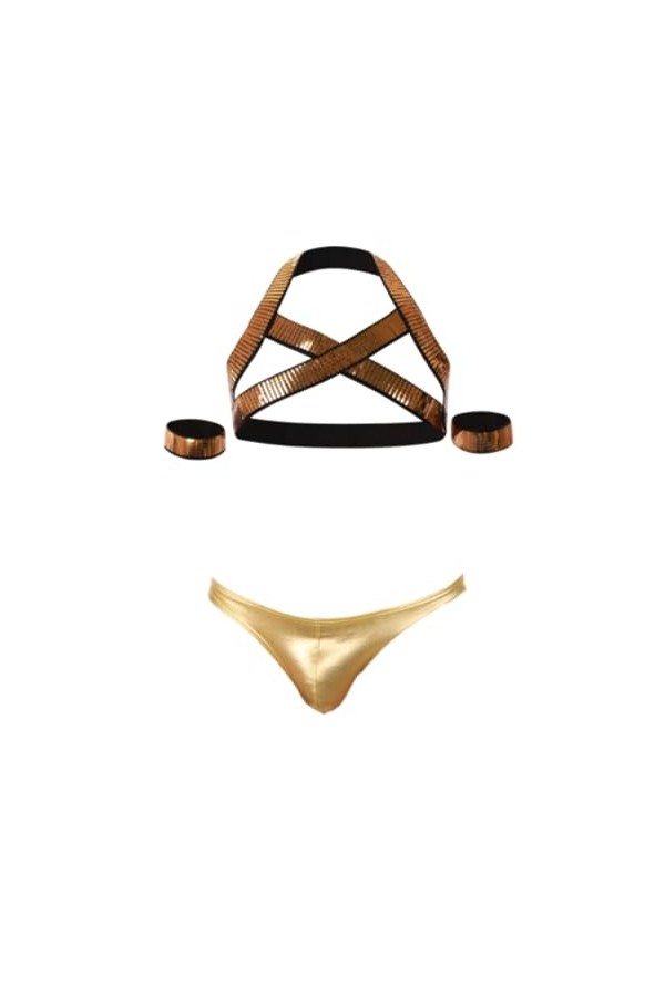 Homme Harnais De Poitrine Slip Tanga Thong Lingerie Ensembles Gay Pyjama Clubwear Color:Golden,Size:XL 