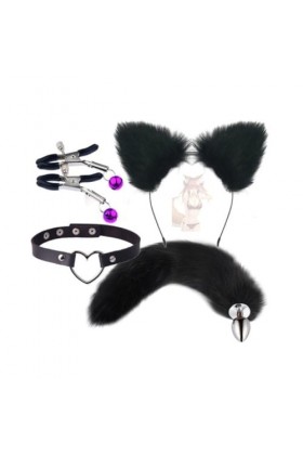 DYNLAB ??? ??? Ensemble Oreilles Et Queue De Renard, Costume Cadeau Fait à La Main, Costume C0splay Tout Noir ??? ???