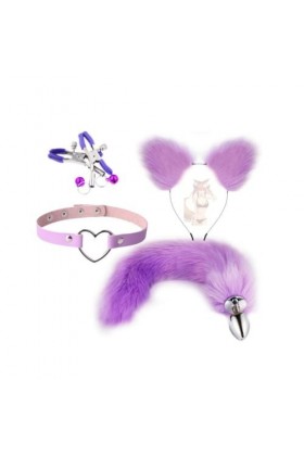 DYNLAB ??? ??? Ensemble Oreilles Et Queue De Renard, Costume Cadeau Fait à La Main, Costume C0splay Tout Violet 