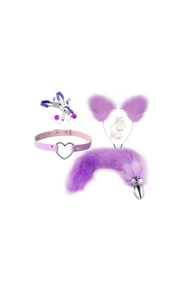 DYNLAB ??? ??? Ensemble Oreilles Et Queue De Renard, Costume Cadeau Fait à La Main, Costume C0splay Tout Violet 