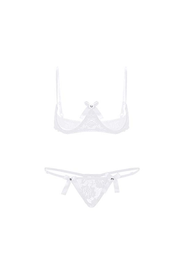 Kaerm Ensemble Lingerie Latex Sexy Femme Demi Soutien-Gorge Seins Nu Dentelle String Ficelle Clubwear sous-Vêtement S-4XL Rou