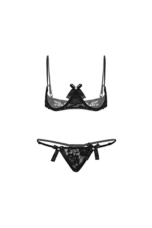 Kaerm Ensemble Lingerie Latex Sexy Femme Demi Soutien-Gorge Seins Nu Dentelle String Ficelle Clubwear sous-Vêtement S-4XL Rou