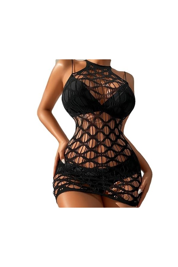 ZTIANEF Érotisme Sexe Et Sensualité Sexy Hollow Sleepwear Résille Body Robe Lingerie Exotique Robe, Noir, Taille Unique