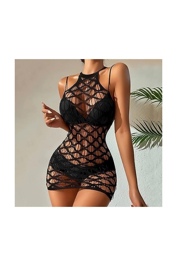 ZTIANEF Érotisme Sexe Et Sensualité Sexy Hollow Sleepwear Résille Body Robe Lingerie Exotique Robe, Noir, Taille Unique