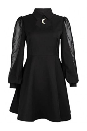 SHANHE Gothique À Manches Longues Noir Robe Femme Évider Lune Accessoires Taille Haute A-Line Robes Automne Sexy Club Partywe