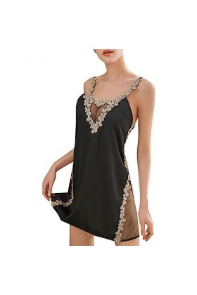 Chemise de Nuit Sexy pour Femme Lingerie Satin Soie Maille Pyjama Lingerie avec String Babydoll Costume-Noir,M