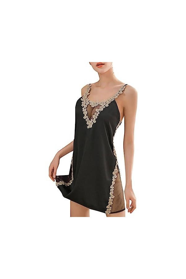 Chemise de Nuit Sexy pour Femme Lingerie Satin Soie Maille Pyjama Lingerie avec String Babydoll Costume-Noir,M