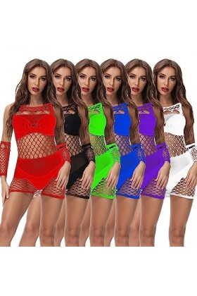 MENGQING Lingerie en résille pour femme Vert fluo Lingerie sexy Chemise de nuit Nuisette Découpe Mini Robe Bandage Sexe Costu