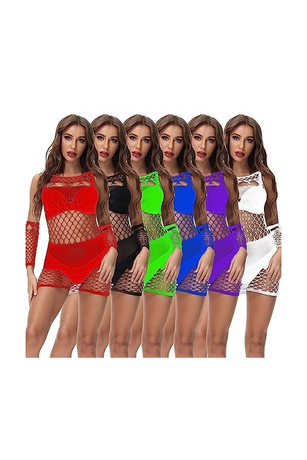 MENGQING Lingerie en résille pour femme Vert fluo Lingerie sexy Chemise de nuit Nuisette Découpe Mini Robe Bandage Sexe Costu