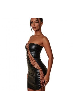 WEITING Mini robe sexy ajourée en PU pour femme, sans bretelles, dos nu, robe courte de fête, noir, S