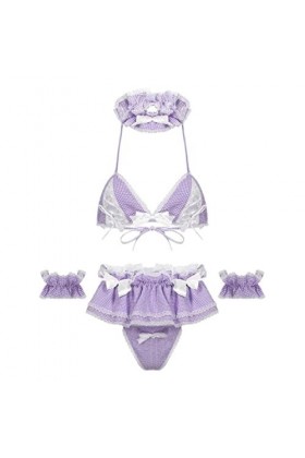 CHOUBAGUAI Robe de soubrette sexy pour femme - Costume de cosplay - Ensemble de lingerie à volants - Soutien-gorge à carreaux