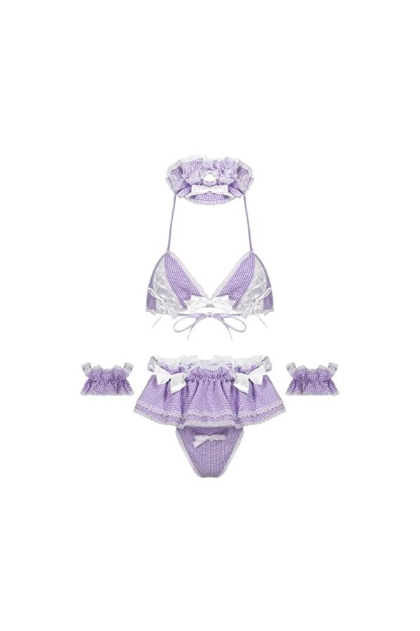CHOUBAGUAI Robe de soubrette sexy pour femme - Costume de cosplay - Ensemble de lingerie à volants - Soutien-gorge à carreaux