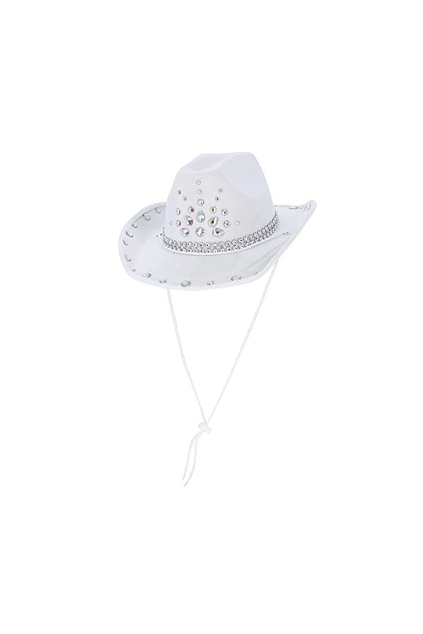 Smiffys 53048 Chapeau de cowboy avec strass, unisexe, adulte, blanc et argent, taille unique
