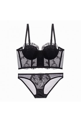 CABULE Ensemble soutien-gorge long et culotte en maille avec broderie en dentelle - Sous-vêtements fins - Lingerie sexy pour 