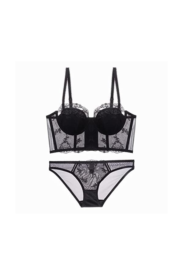 CABULE Ensemble soutien-gorge long et culotte en maille avec broderie en dentelle - Sous-vêtements fins - Lingerie sexy pour 