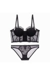 CABULE Ensemble soutien-gorge long et culotte en maille avec broderie en dentelle - Sous-vêtements fins - Lingerie sexy pour 