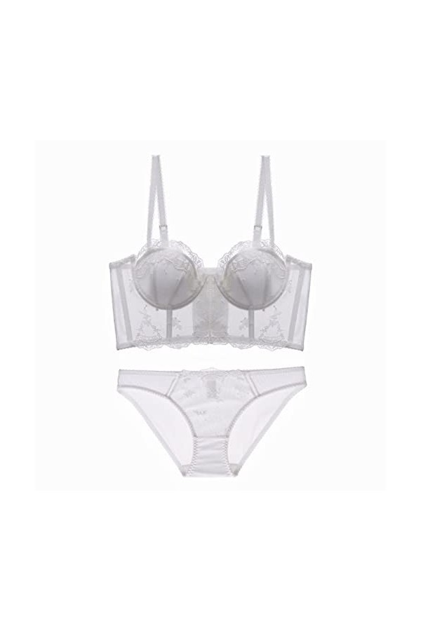 CABULE Ensemble soutien-gorge long et culotte en maille avec broderie en dentelle - Sous-vêtements fins - Lingerie sexy pour 