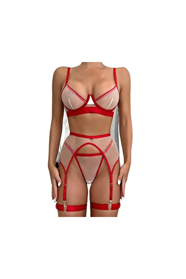 WEITING Ensemble de lingerie sexy féminine soutien-gorge culotte 4 pièces sans couture sous-vêtements fantaisie, rouge, M