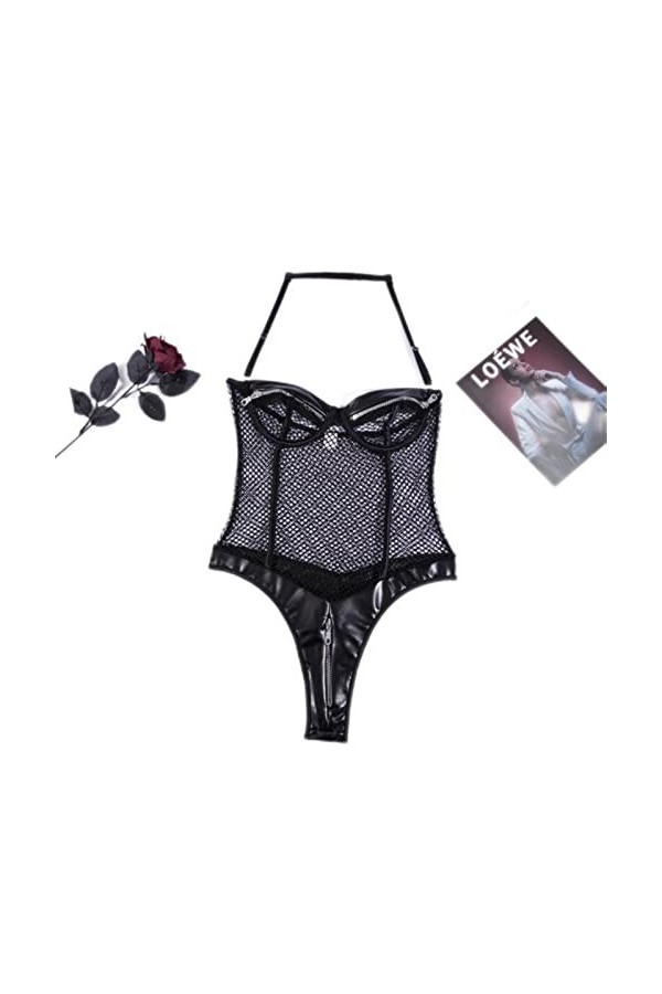 CHOUBAGUAI Body sexy en résille pour femme - Costume sexy en dentelle - Dos nu - Sous-vêtements à fermeture éclair - Noir, S