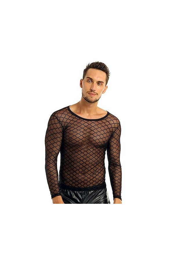 T-Shirt à Manches Longues en Maille à Lacets pour Hommes Costumes de Tenue de Club Sexy Maillots de Corps Hauts en Résille-No