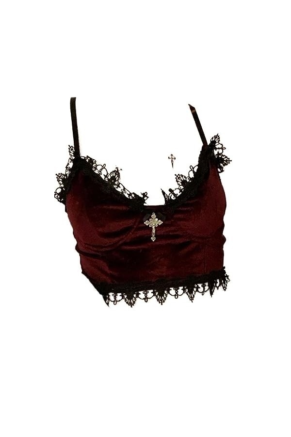 Goth Crop Tops Dentelle Garniture Emo Alternative Esthétique Crop Tops Femmes Dos Nu Sexy Strap Tanks Color : Red, Size : L 