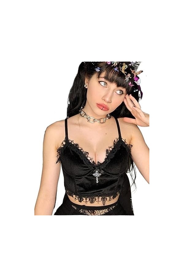 Goth Crop Tops Dentelle Garniture Emo Alternative Esthétique Crop Tops Femmes Dos Nu Sexy Strap Tanks Color : Red, Size : L 