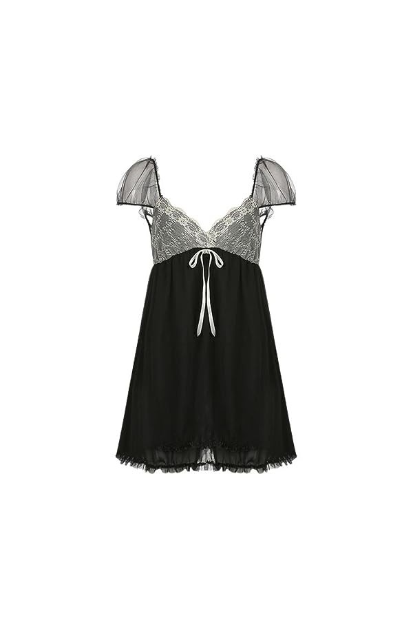 SHANHE Gothique Patchwork Noir V-Cou Robe Femme Lace Up Corset Taille Haute Robe A-Line Esthétique Été Sexy Club Partywear-No