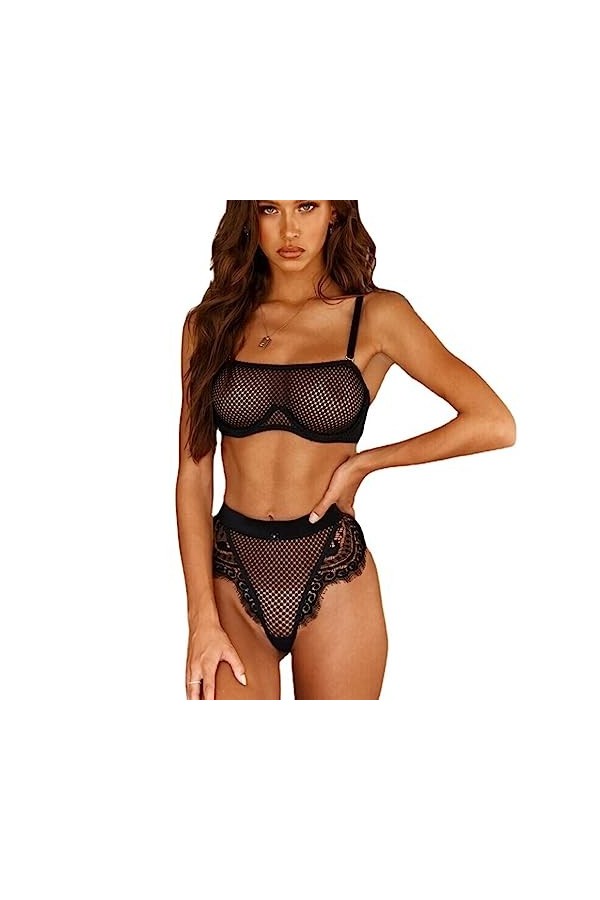 ZTIANEF MiniLingerie érotique Bretelle Dentelle Maille Haut Gratte-Ciel, Noir, XL