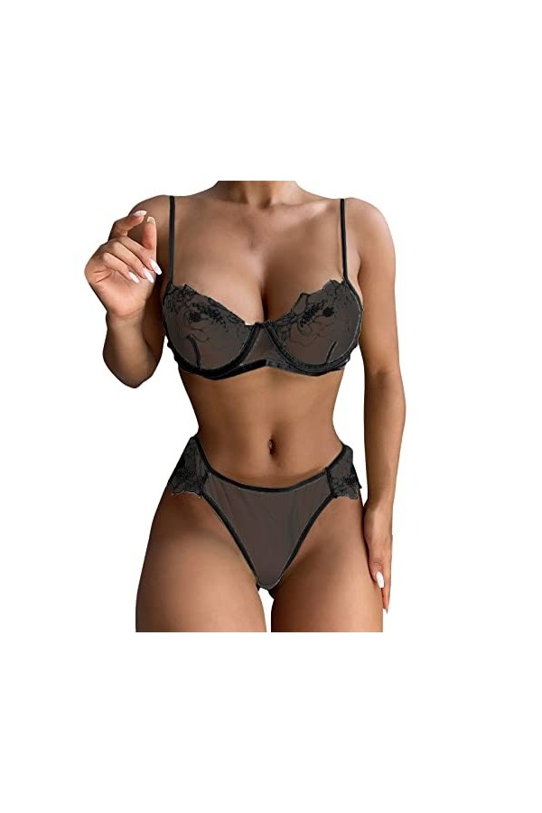 Zshosam Lingerie sexy pour femme - En acier - Avec armatures brodées - En maille - Ensemble de lingerie - Sous-vêtements sexy